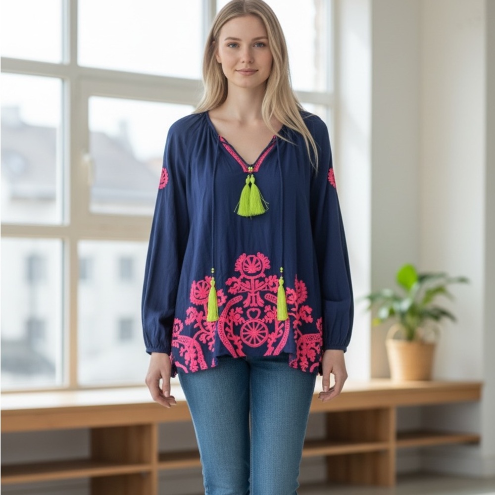 Lilly Pulitzer Navy Top with Hot Pink Embroidery and Lime Tassels